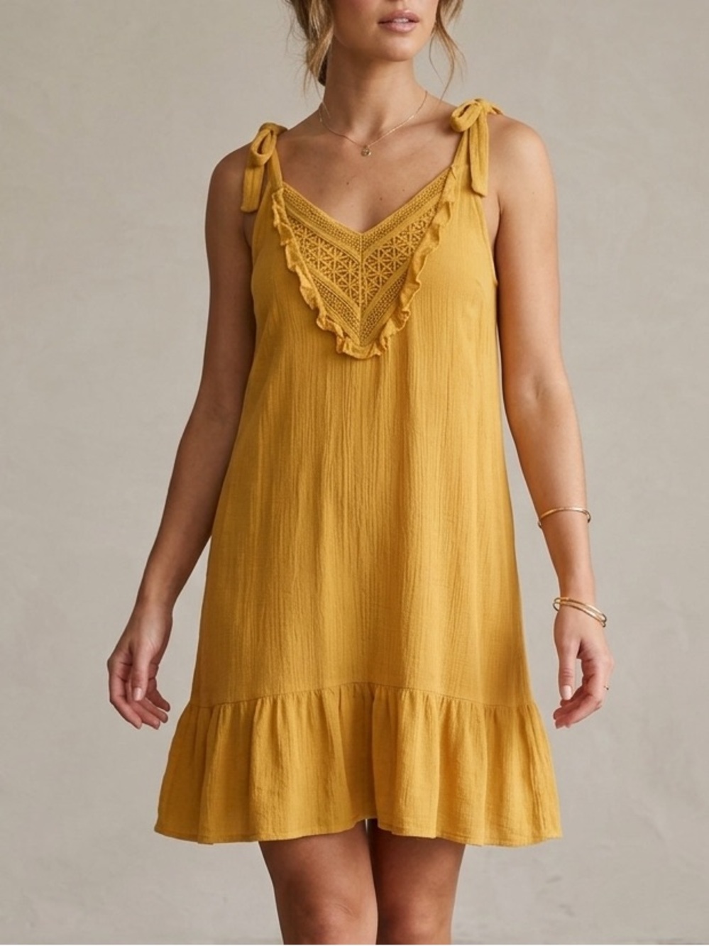 Heartloom Mustard Yellow Tie-Shoulder Ruffle Hem Mini Dress Sundress Size Medium